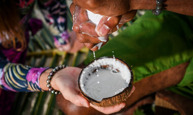 Lait de coco Vue sur une personne en train de faire du lait de coco
